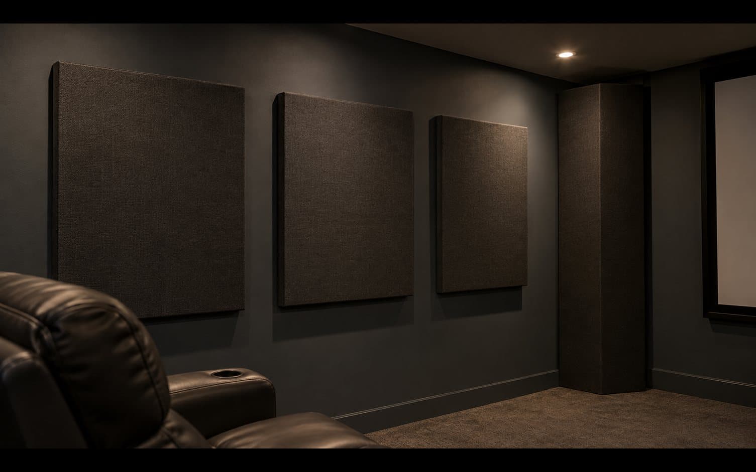 Dark theater wall with three fabric acoustic panels and a corner bass trap