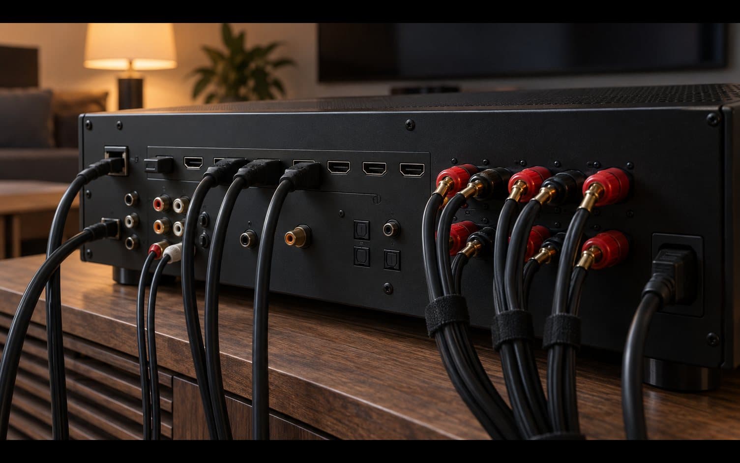 Rear panel of an AV receiver with speaker wires in red and black binding posts