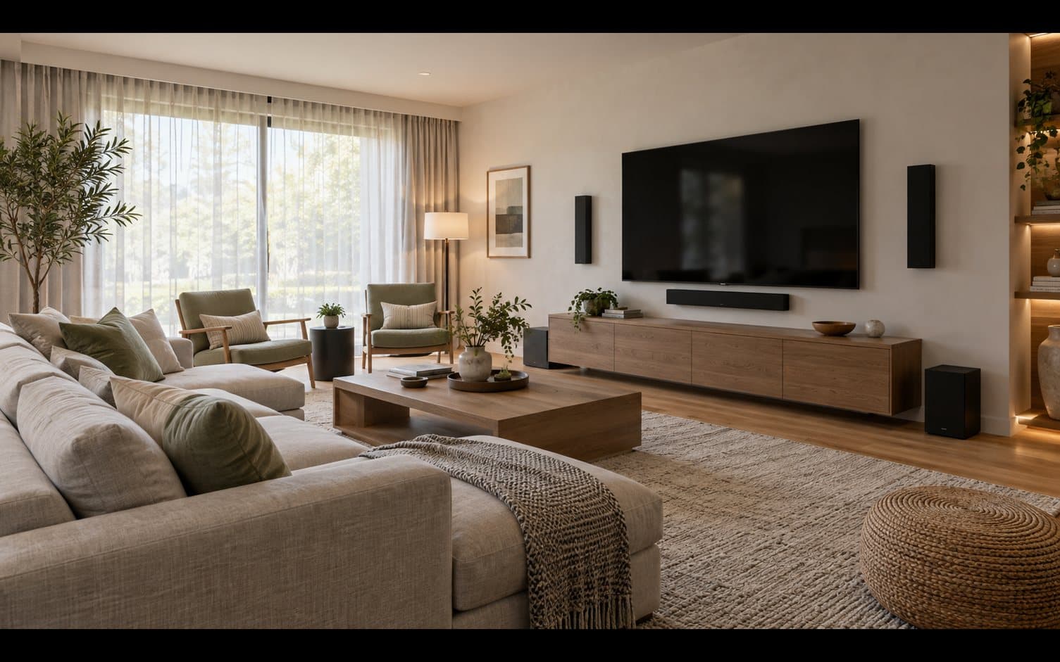Bright living room with a wall-mounted TV above a low wood console and a light gray sectional