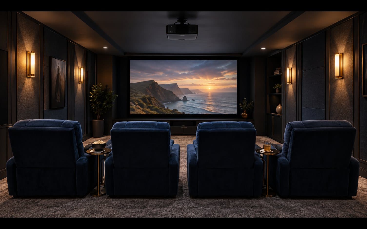Dedicated home theater with navy recliners, wall sconces, and a ceiling projector lighting a coastal scene on the screen
