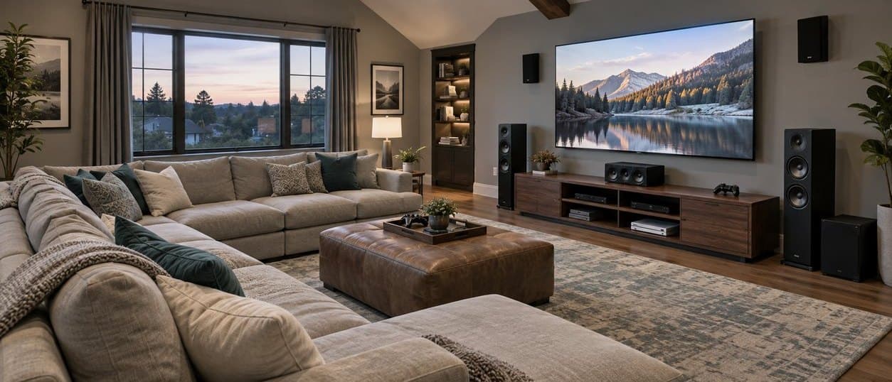 Family room with a wide sectional and a wall-mounted TV, a game controller resting on the media console