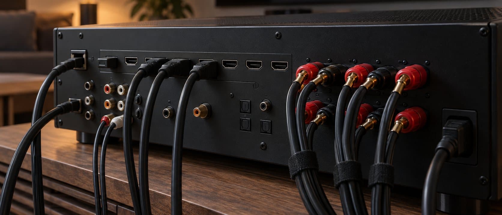 Rear panel of an AV receiver with HDMI cables and banana-plug speaker wires connected, on a wood console