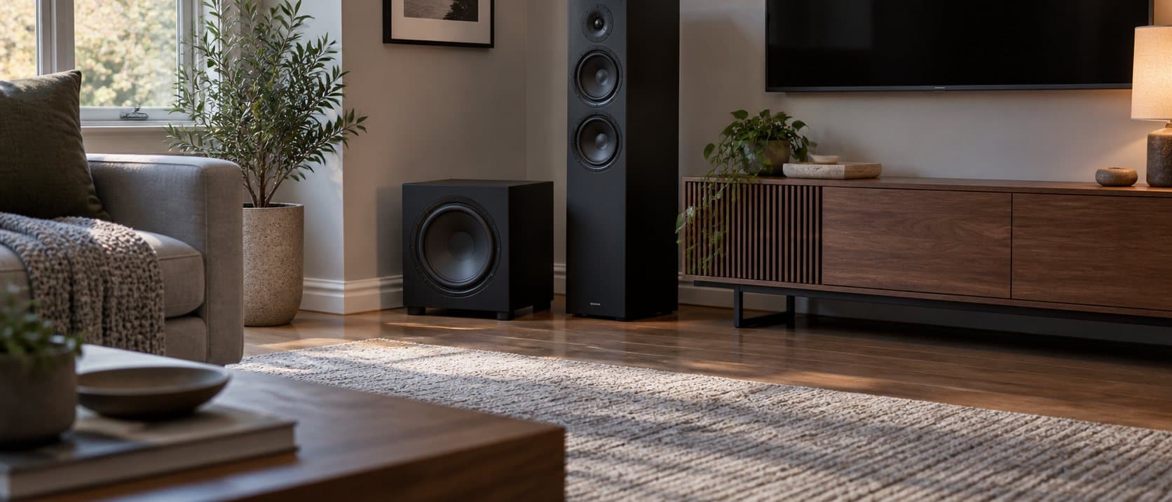 Black subwoofer on a wood floor in the corner of a living room beside a floorstanding speaker and a media console