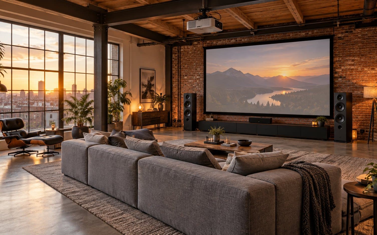 Open loft home theater with brick walls, tall windows at sunset, a projector throwing a mountain scene onto a large screen above a wide sectional