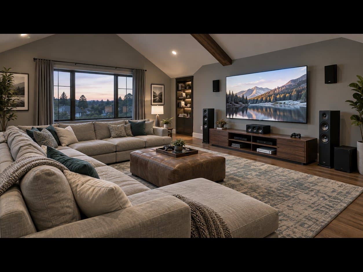 Family room with a vaulted ceiling, a wide sectional, floorstanding speakers, and a wall-mounted TV
