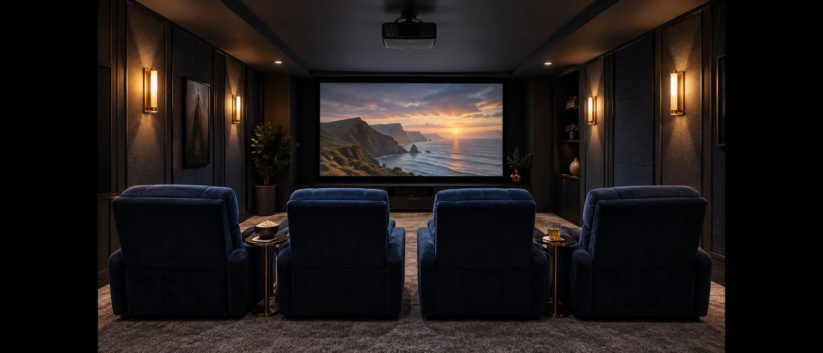 Dedicated theater with navy recliners, wall sconces, and a ceiling-mounted projector lighting a coastal scene