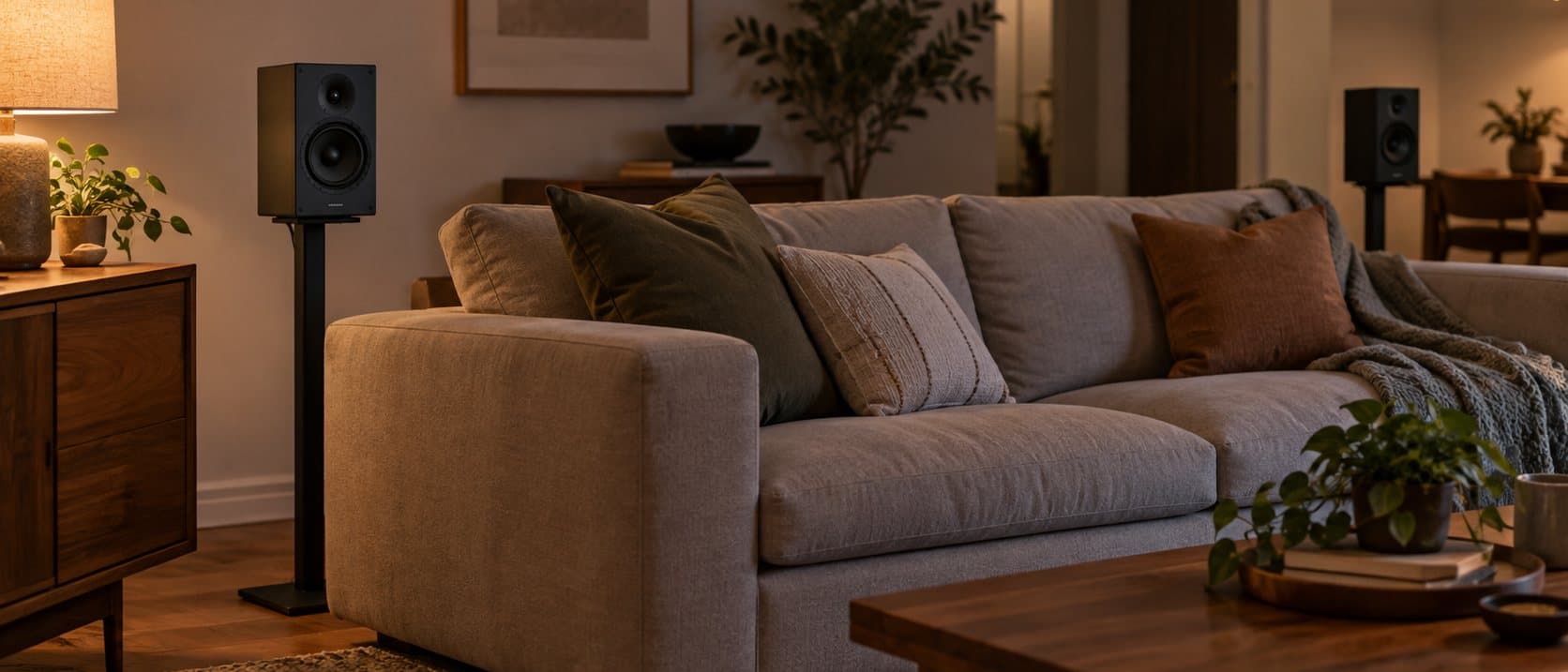 Two black bookshelf speakers on stands behind a beige sofa in a warm living room, angled toward the seats