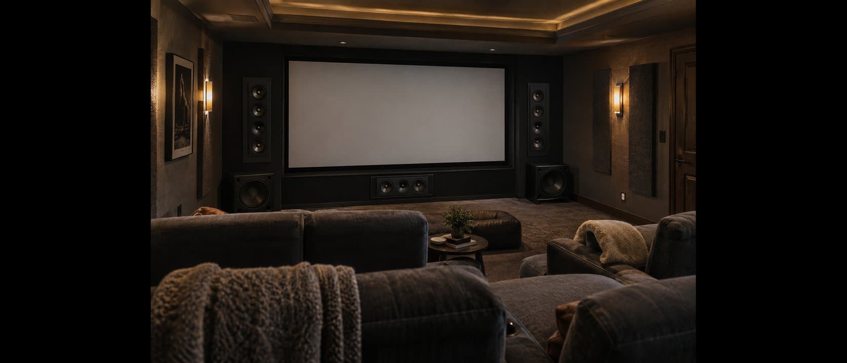 Dark theater with a blank projection screen, tower speakers, and two subwoofers along the front wall