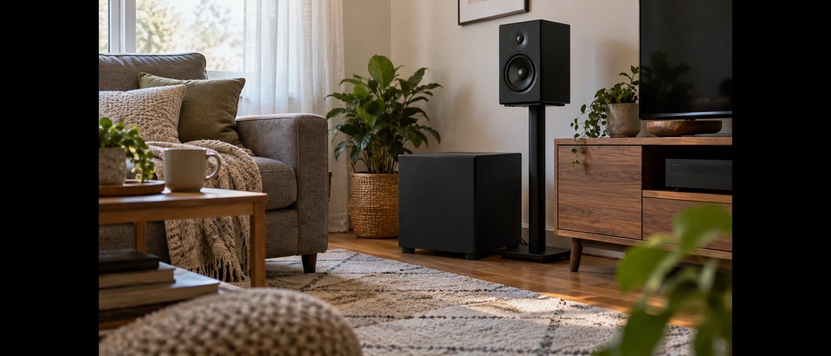 Compact black subwoofer beside a bookshelf speaker on a stand in a small, sunlit living room