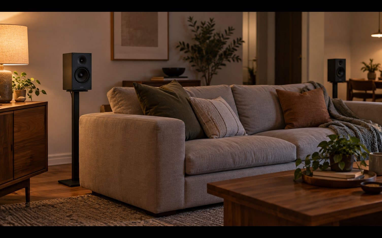Two bookshelf speakers on stands behind a beige sofa, angled toward the seats