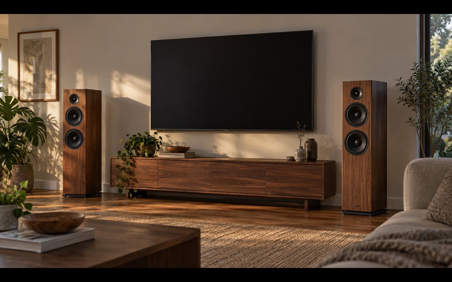 Wall-mounted TV above a long walnut console, flanked by floorstanding speakers