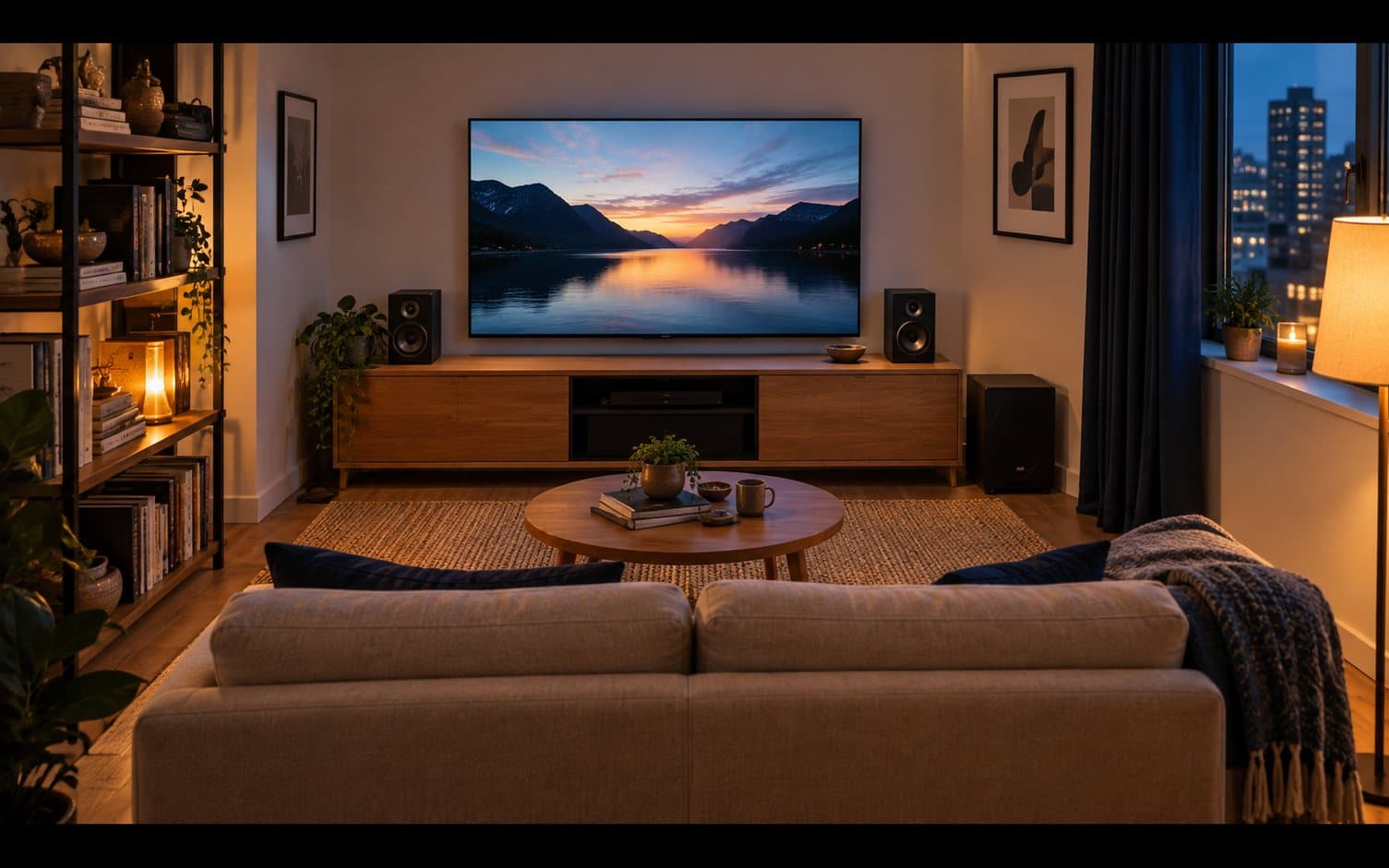 Cozy apartment living room at dusk with a sofa a few feet from a TV on a wood console