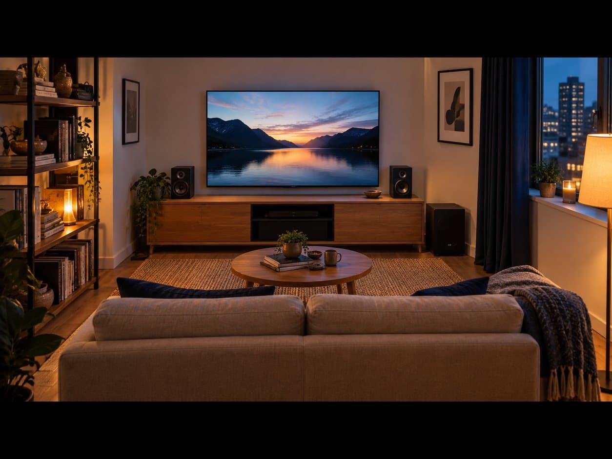 Small apartment den at dusk with a TV on a wood console, bookshelf speakers, and a sofa a few feet away