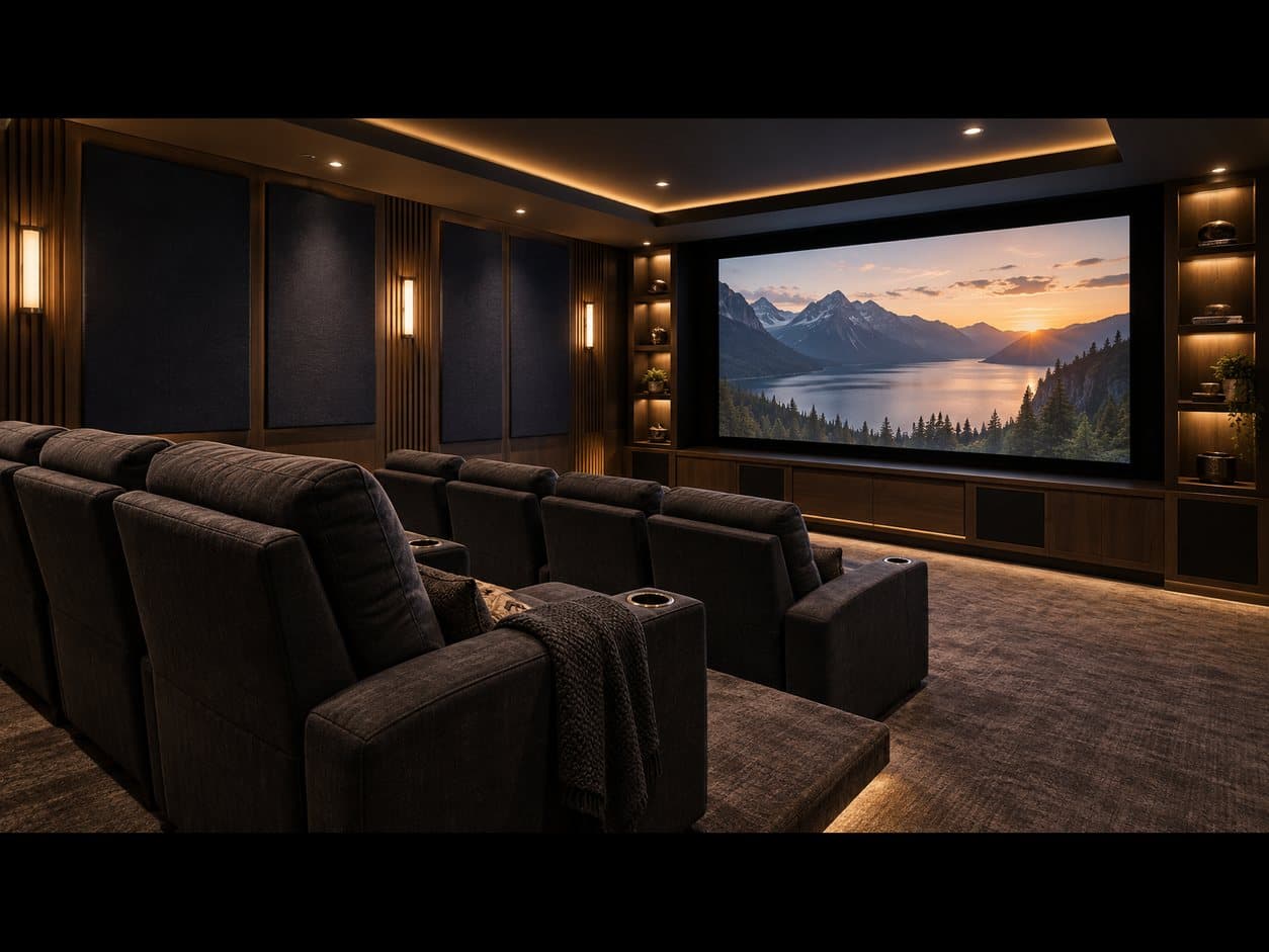 Dedicated theater with two rows of dark recliners, acoustic panels on the walls, and a projection screen