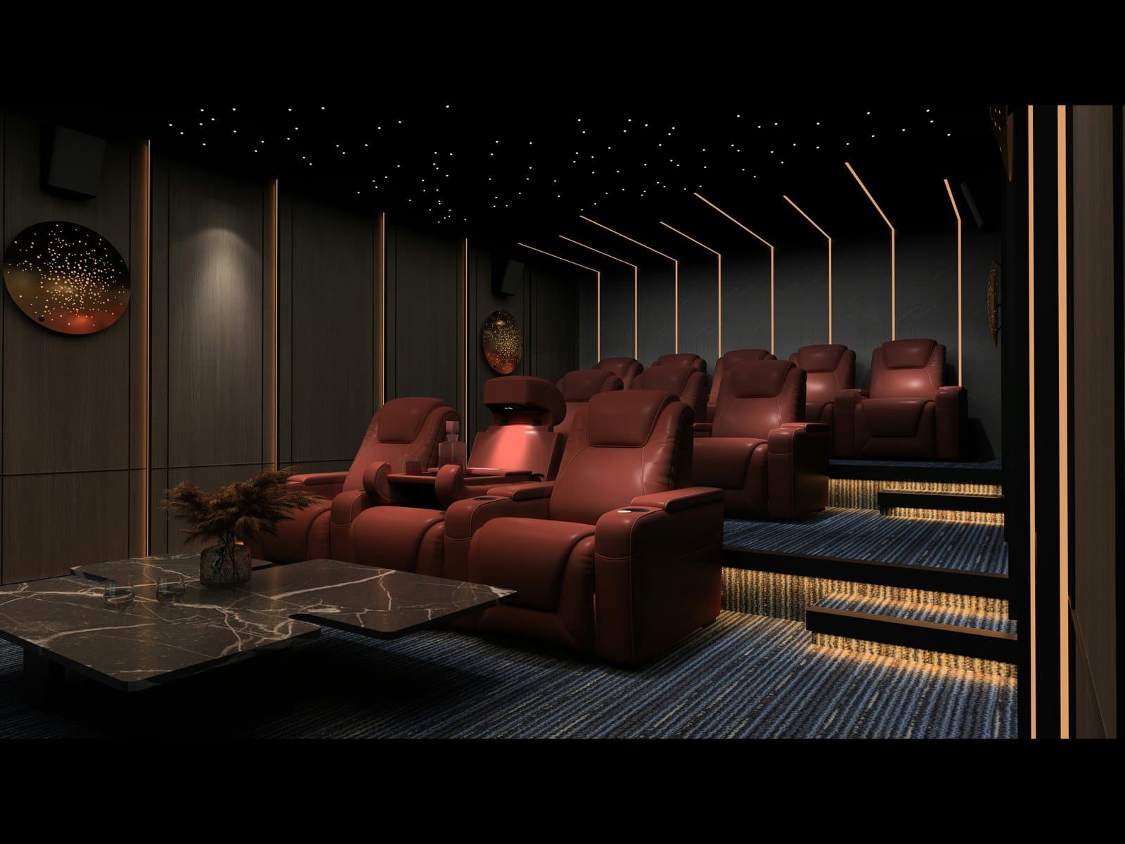 Luxury dedicated theater with red recliners under a starlit ceiling