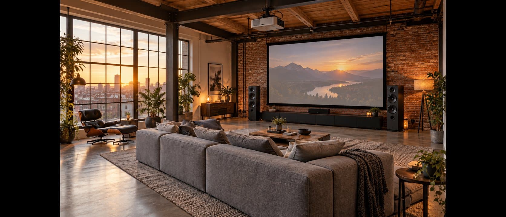 Loft with brick walls and tall windows, a projector throwing a mountain scene onto a large screen above a sectional
