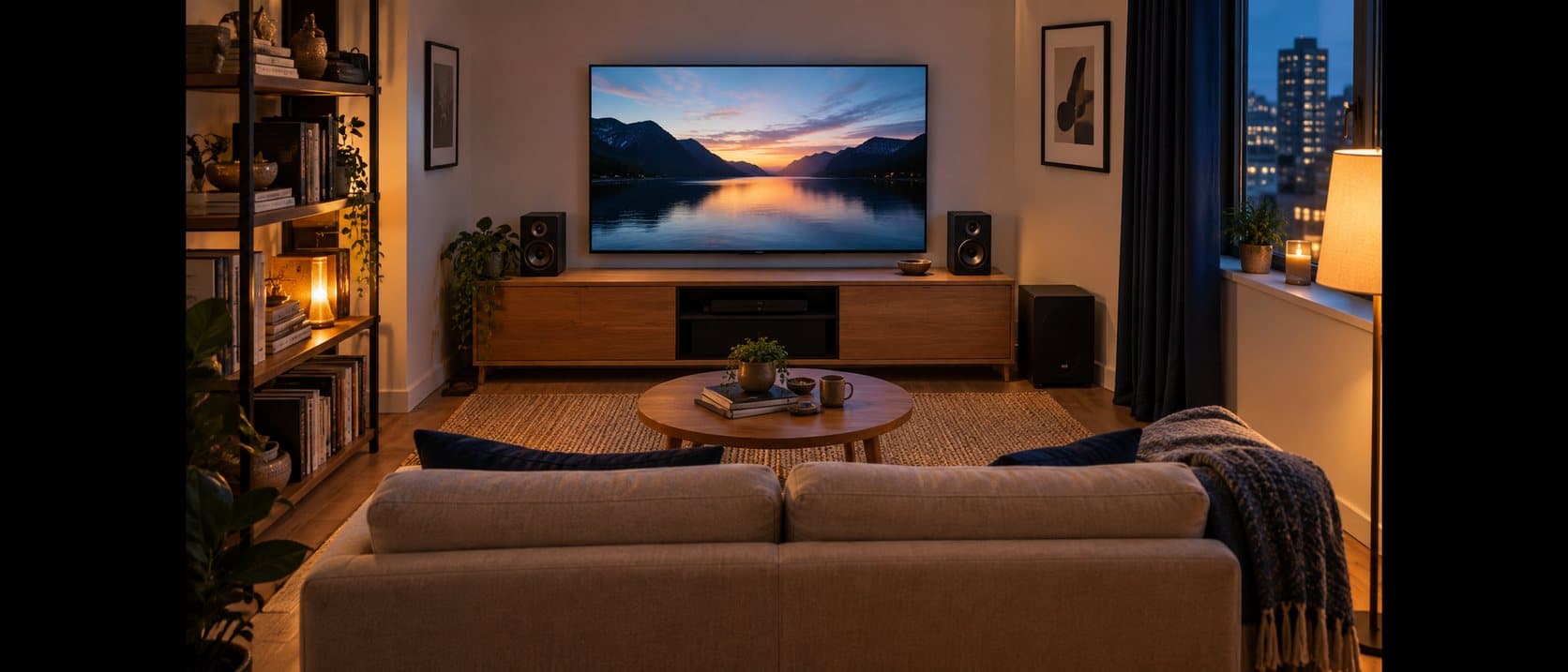 Dim apartment living room at dusk with a TV on a wood console flanked by bookshelf speakers