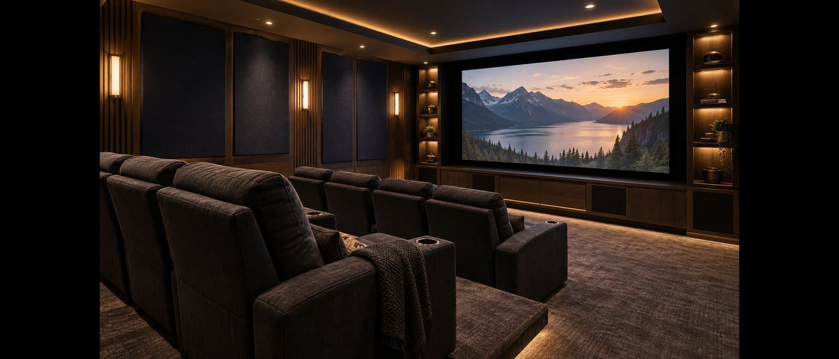 Theater with dark fabric acoustic panels on the walls, gray recliners, and a sunset on screen