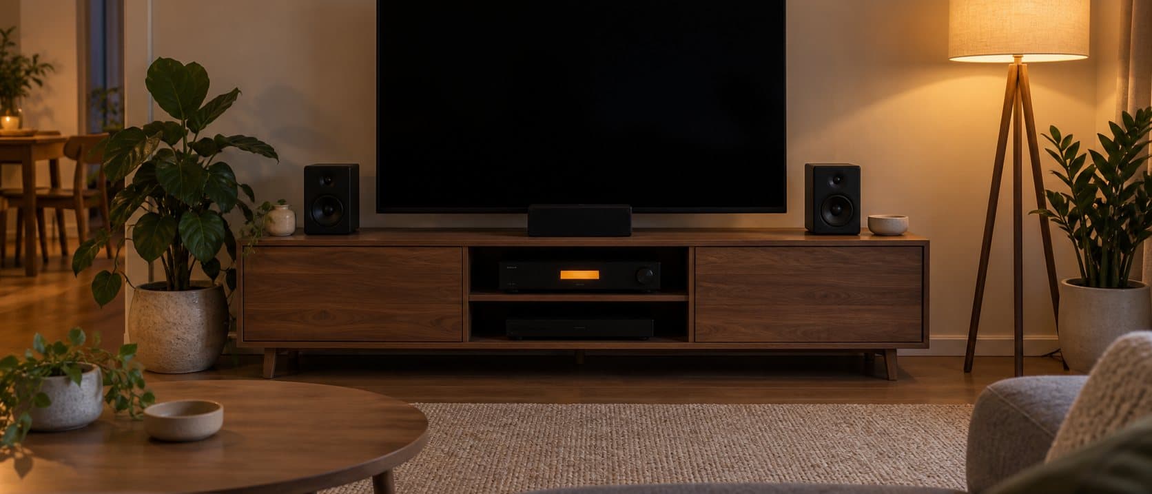 Modest living room with a TV on a walnut console, a slim receiver on the shelf below, and small bookshelf speakers on either side