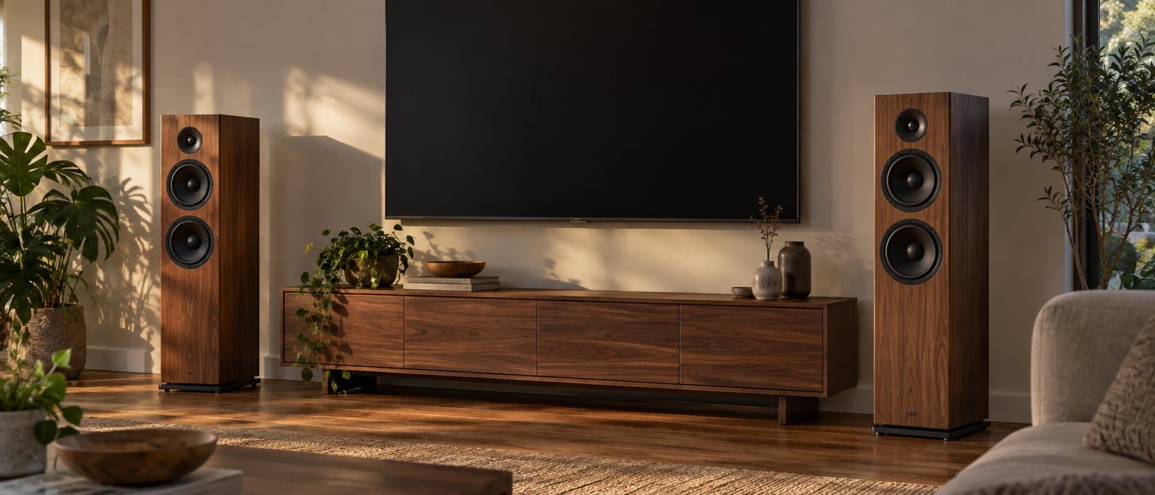 Pair of walnut floorstanding speakers flanking a wall-mounted TV above a long wood console in afternoon light
