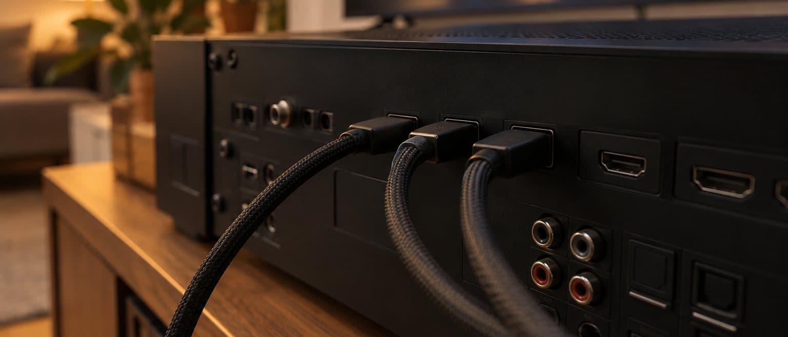 Close-up of braided HDMI cables plugged into the back of an AV receiver on a wood console