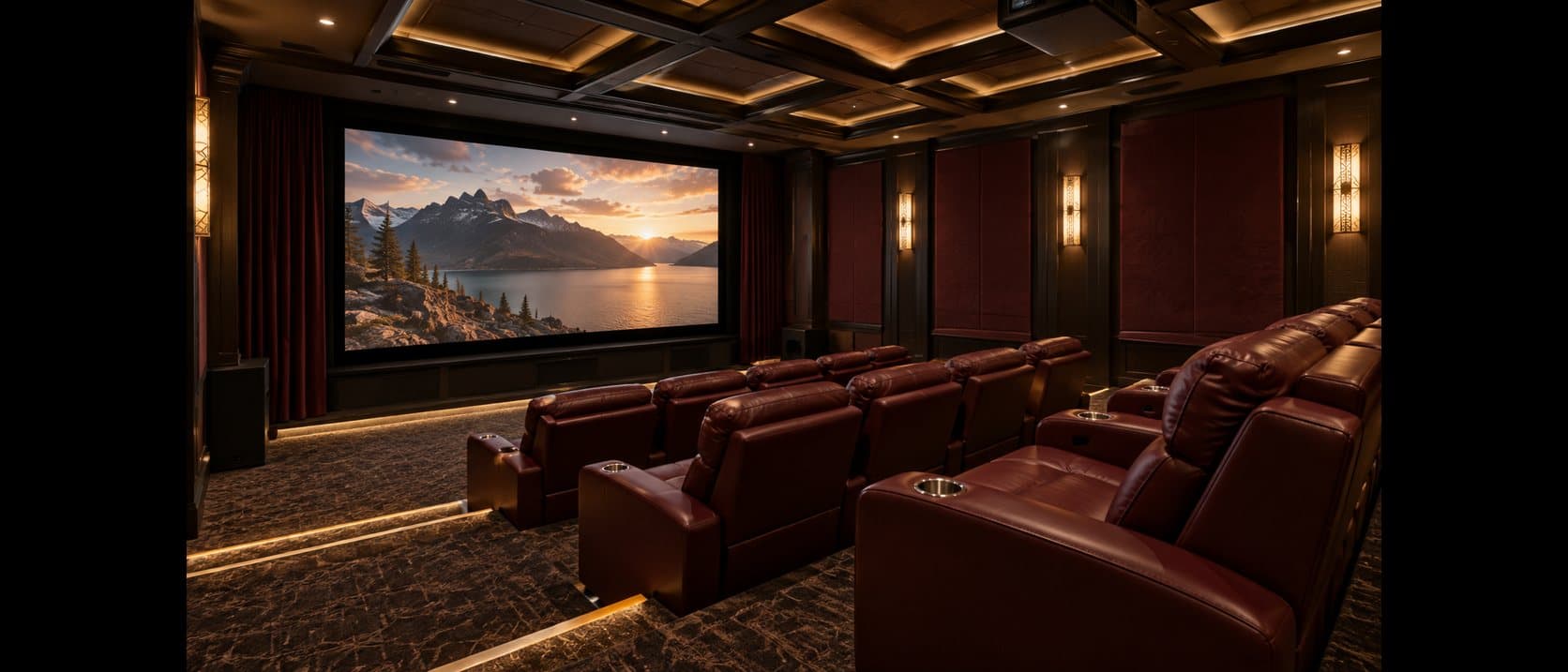 Luxury theater with rows of red leather recliners under a coffered ceiling