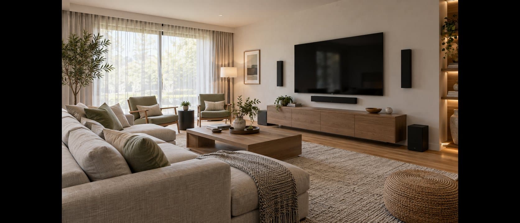Sunlit living room with a wall-mounted TV, a soundbar, and tower speakers beside a low wood console