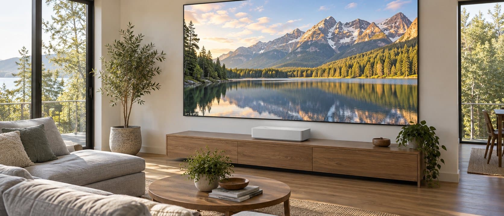 Bright living room with an ultra-short-throw projector on a low console lighting a large screen with a mountain lake scene