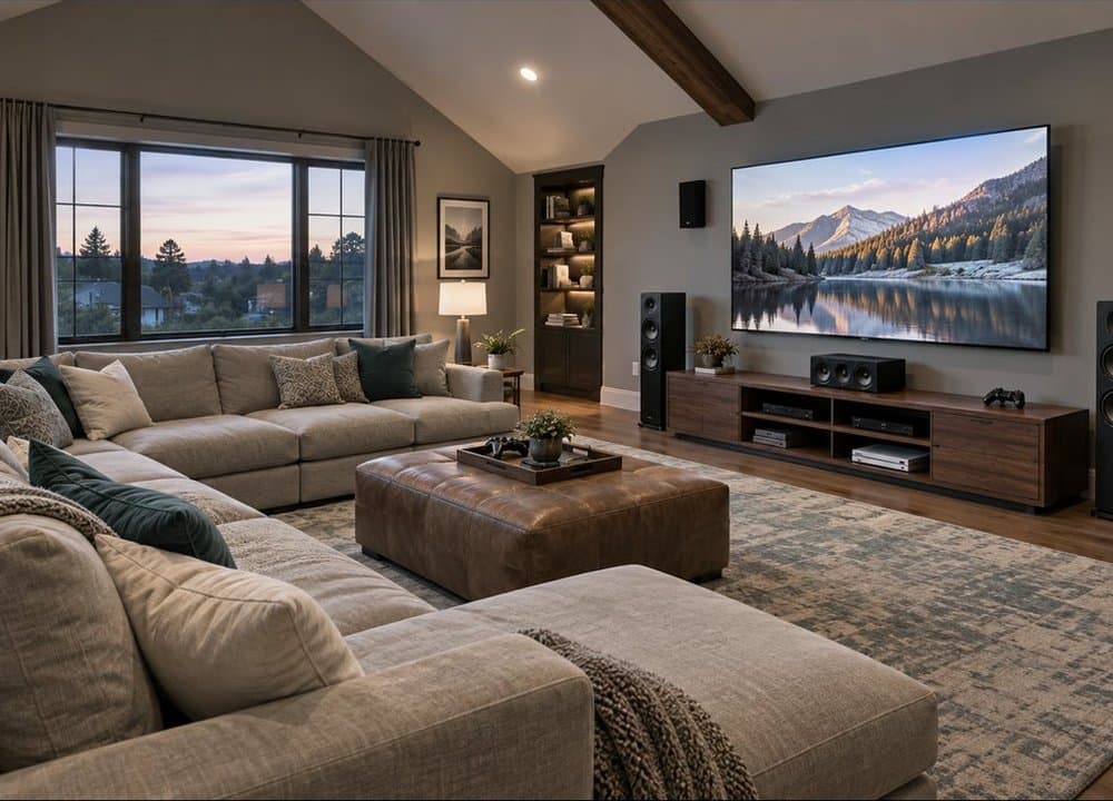 Family room with a vaulted ceiling, a wide sectional, floorstanding speakers, and a wall-mounted TV